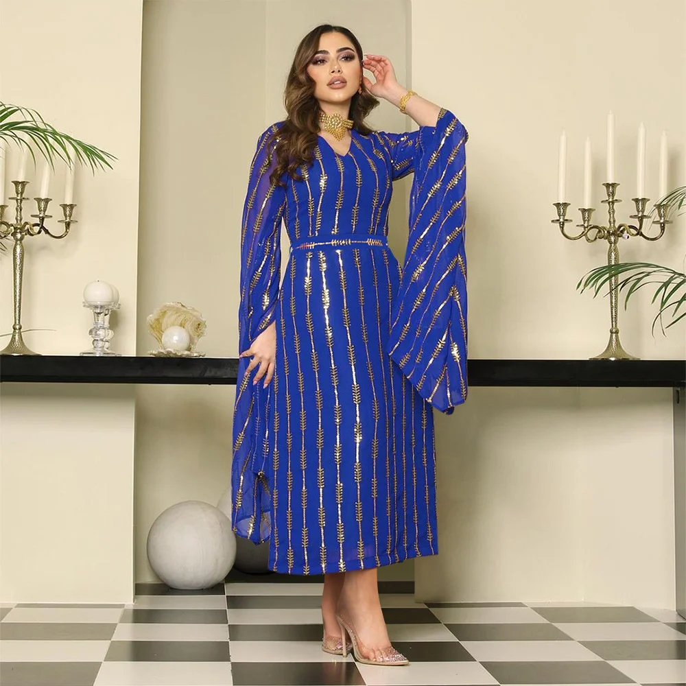 

Muslin Dress Fashion Sequin Dress Dubai Arab Chiffon Bean Embroidery Robe V-neck Long Sleeves Dress for Party Fashion Women