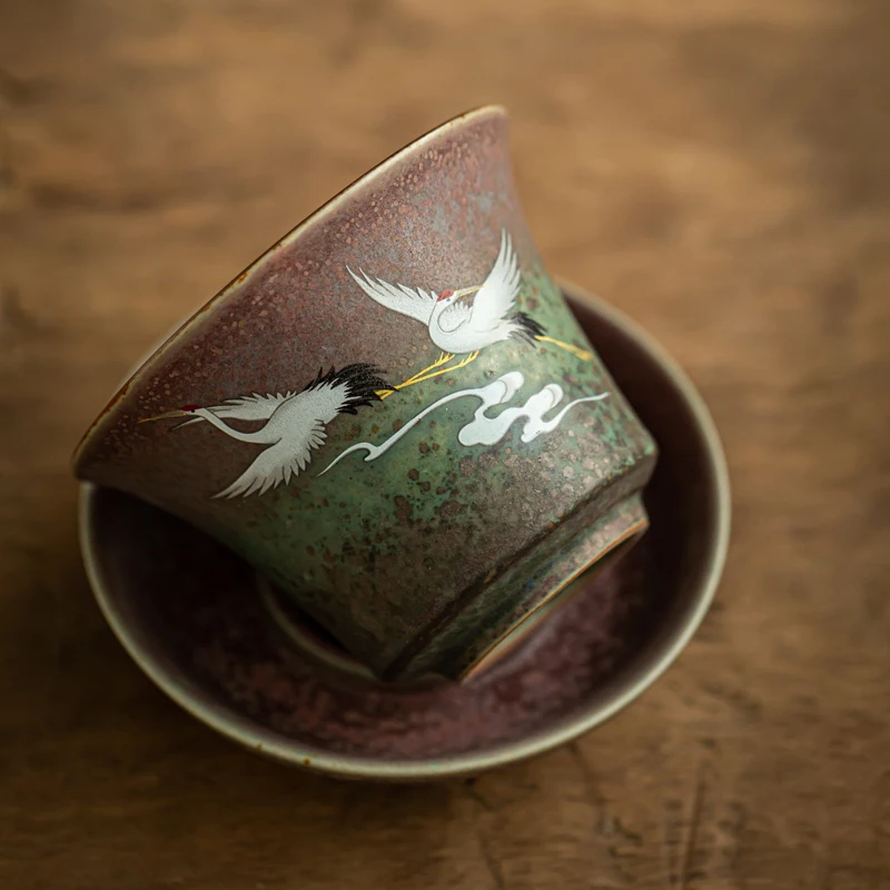 Anti-scald Large Ceramic Retro Tea Cover Bowl with Lid Sancai Gaiwan Single Tea Bowl Hand Painted Shining Crane Cover