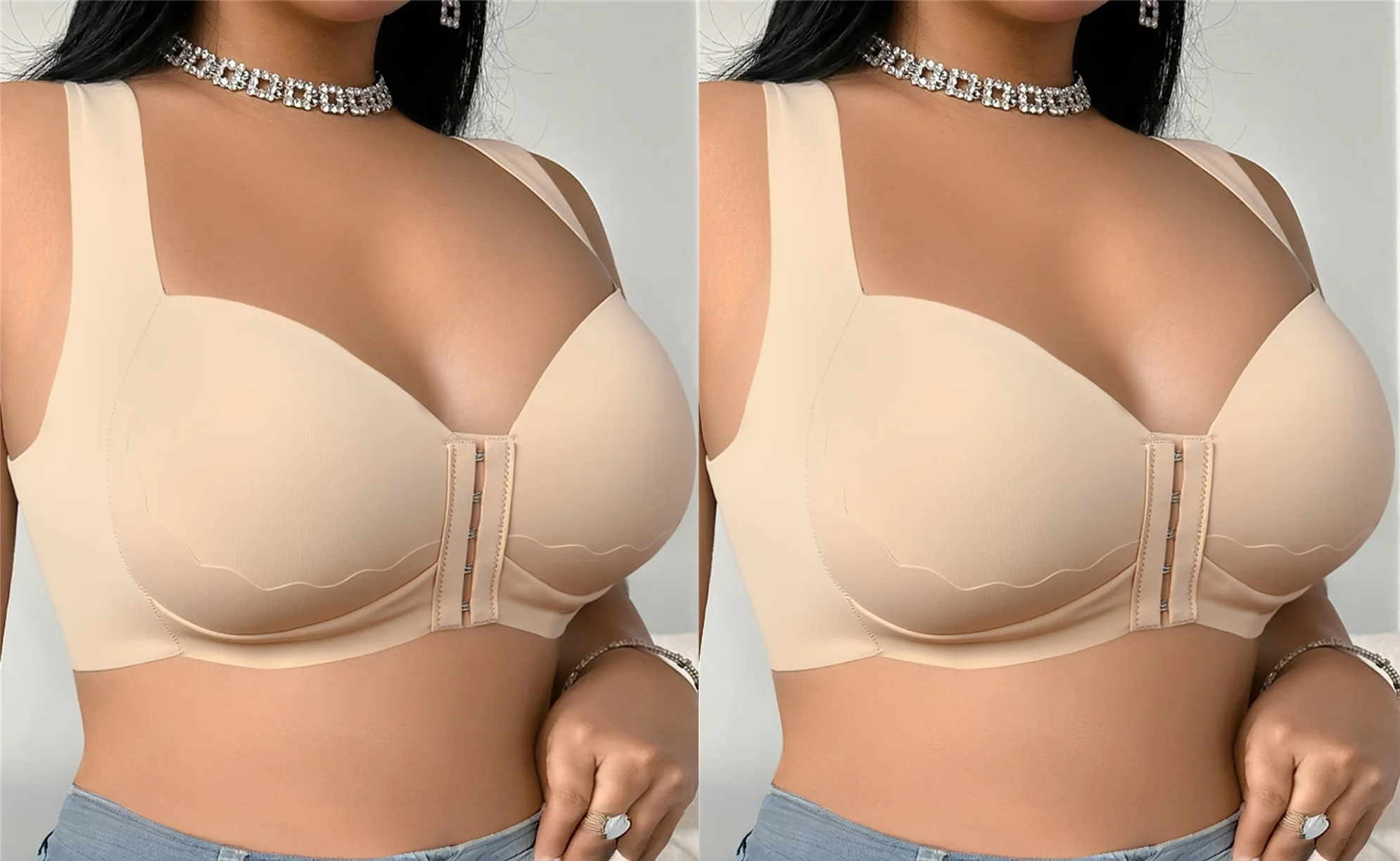 2PCS Plus Size Bra With Front Closure Wireless Back & Posture Support Bra Natural Shape Wirefree 42 46 48D