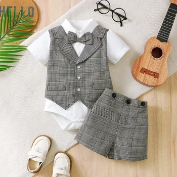 2025 Baby Boys' Gentleman Clothes Set Bow Tie Plaid Romper+Plaid Shorts 2PCS Summer Outfits Infant Birthday Party for 0-3Years 1