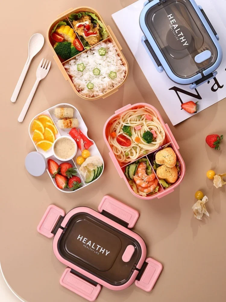 Description Picture 5 of itemPortable Double Layer Lunch Box Compartment Salad Fruit Box with Handles Students Workers Microwave Bento Box with Fork Spoon