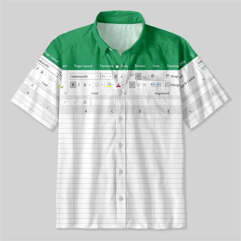 Fun Excel Spreadsheet 3D Print Sport Quick-dry Men Women Shirts Casual Vacation Button Design Creative Y2K Work Short Sleeve Top