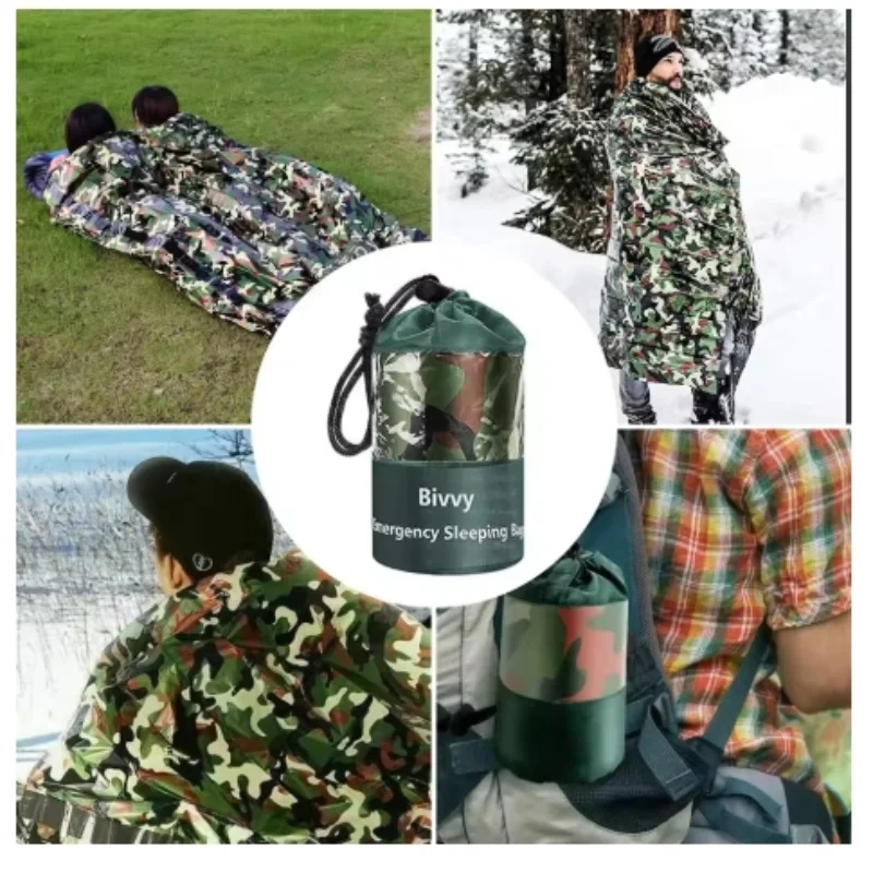 Sleeping Bag PE Emergency Camouflage Waterproof Portable 120x200cm for Outdoor Camping Hiking Adventure