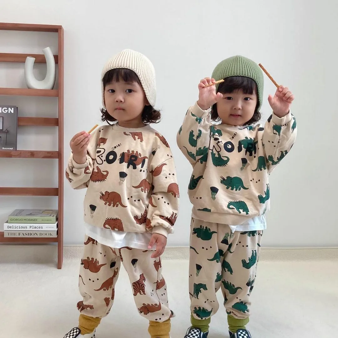 

Children Clothing Set Dinosaur Suit 2023Autumn New Cartoon Dinosaur Full Printed Boy's Two Piece Suit Sweater +Pant