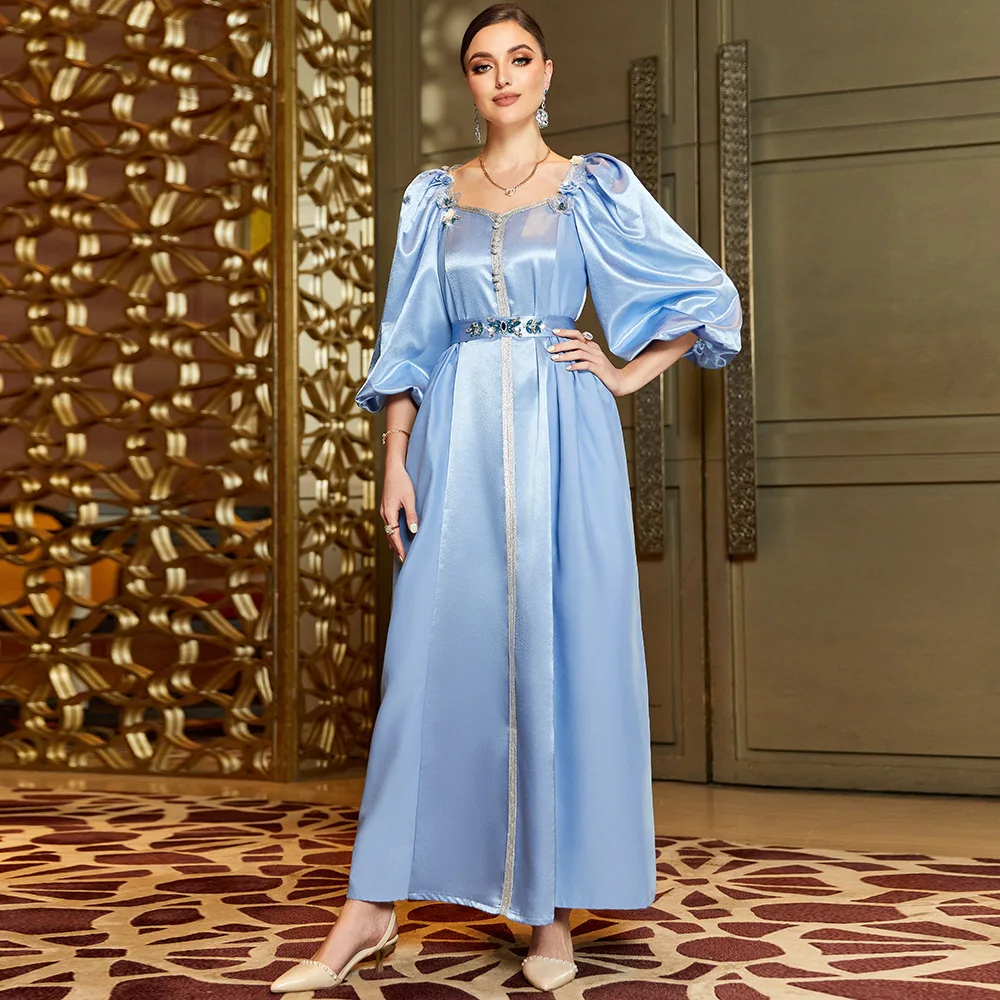 

Moroccan Caftan Luxury 2024 Party Evening Satin Elegant Lantern Sleeve Dress Diamonds Abaya Muslim Ramadan Dresses For Women