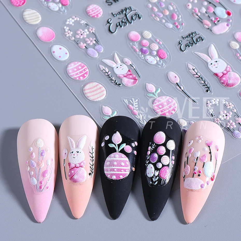 3D Easter Bunny Nail Art Stickers Decals 3D Cute Cartoon Egg Rabbit Flower Florals Adhesive Slider DIY Manicure Decoration Foils