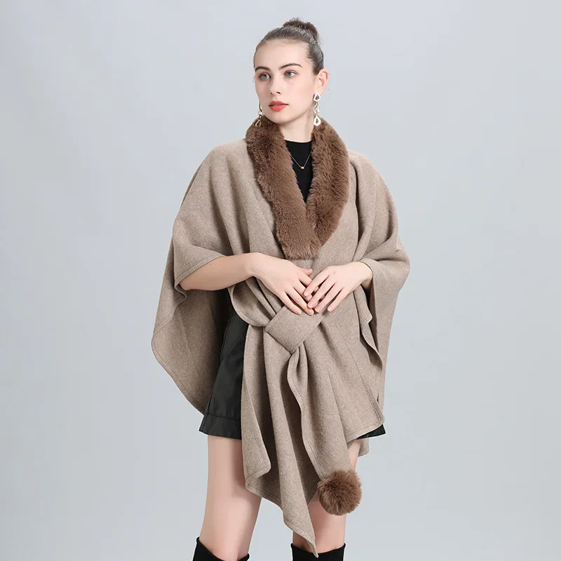12 Colors Women Big Pendulum Faux Woolen Streetwear Cloak Winter Warm Shawl Cape Thick Fur Neck Criss-Cross Loose Poncho Coat