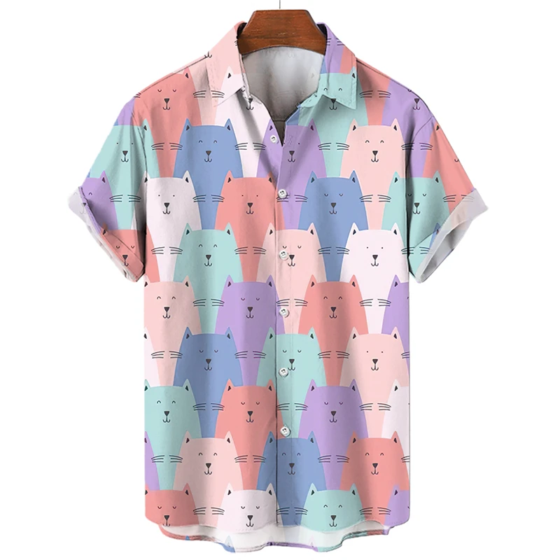 Men's Shirt Hawaiian Short Sleeve Male Clothes Fashion Button Shirt For Girl Kawaii Kitten Top T-shirt Harajuku Cute Blouse Tops 4