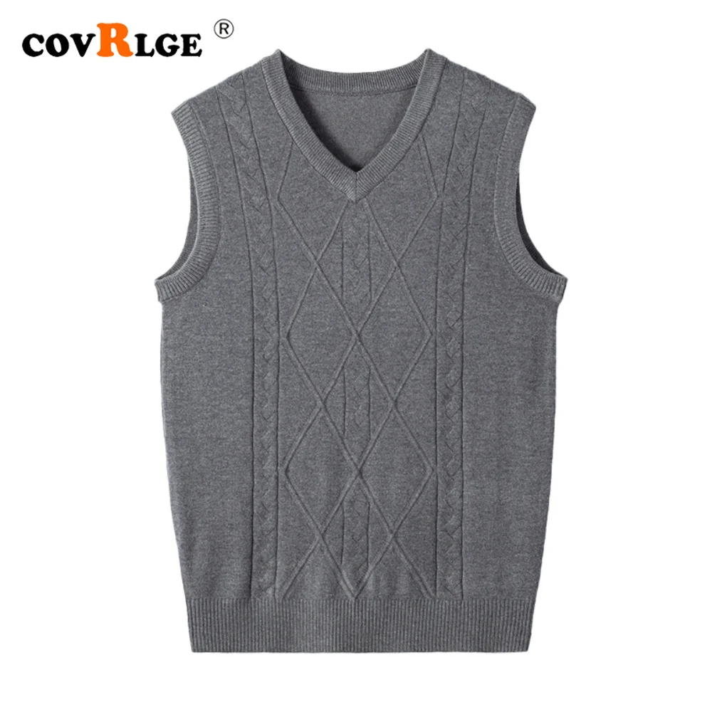 Covrlge Men's Vest Color Woven Jacquard Casual Thickened Wool Undershirt Autumn Knitted Shoulder Sleeveless Sweater Male MZB017