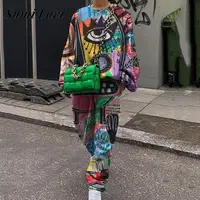 Women Casual Sport Suit Fashion Harajuku Print O Neck Tops And Pencil Pants Set Autumn Hooded Sweatshirt Tracksuit Two Piece Set 1