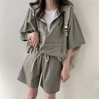 Sets for Women 2 Pieces Sweat Suit Summer Shorts T-shirt Hooded Loose Sports Tracksuit  Training Bottom Suit Korean Style 2024