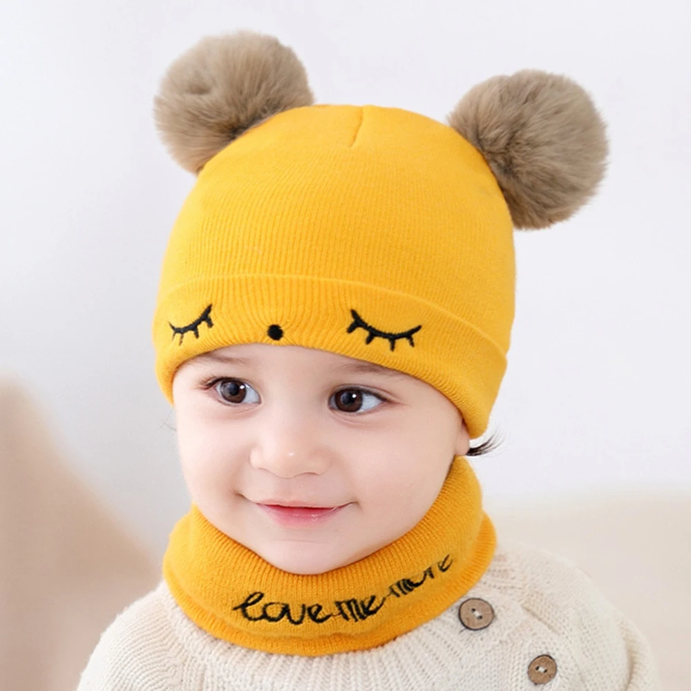 2Pcs/Set Autumn Winter Warm Baby Hat Scarf Set Solid Color Girl Boy Hats Embroidery Infant Toddler Beanies For Kids