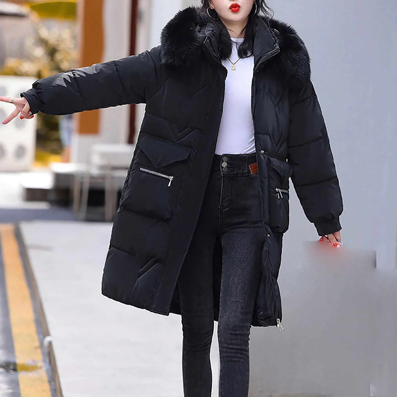 

Winter Women Parka 2023 Fashion Long Coat Feather Collar Hooded Jacket Solid Thickness Warm Snow Wear Padded Clothes With Pocket