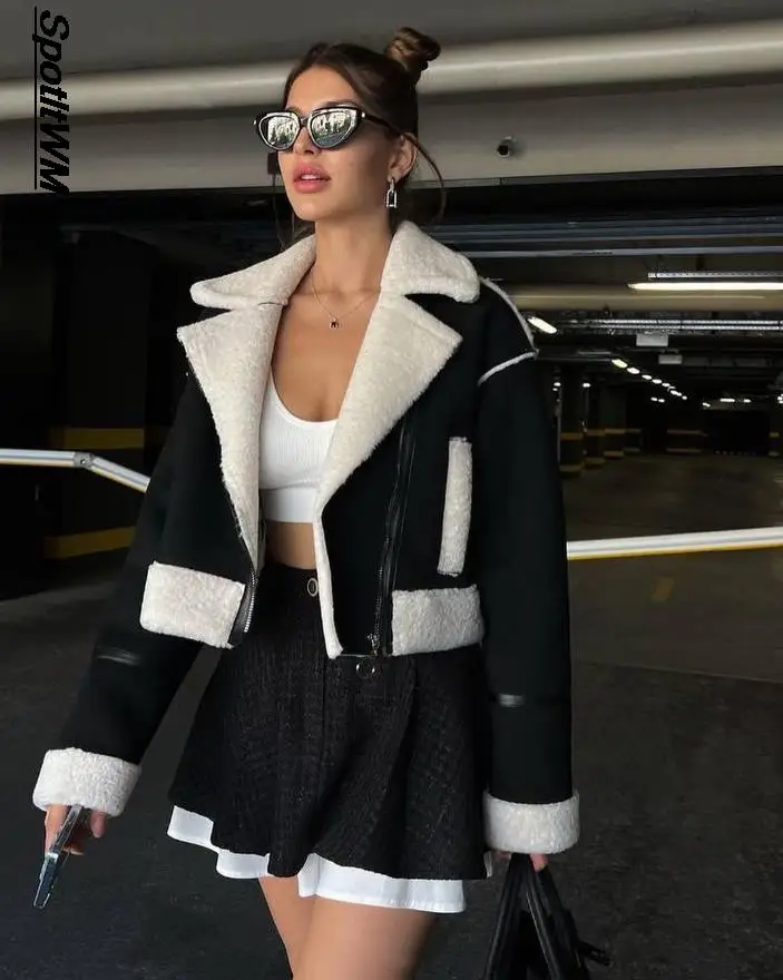 

Fashion Lapel Patchwork Plush Coat Women Winter Short Quilted Woolen Long Sleeve Warm Thicken Jacket Female Elegant Street Coats