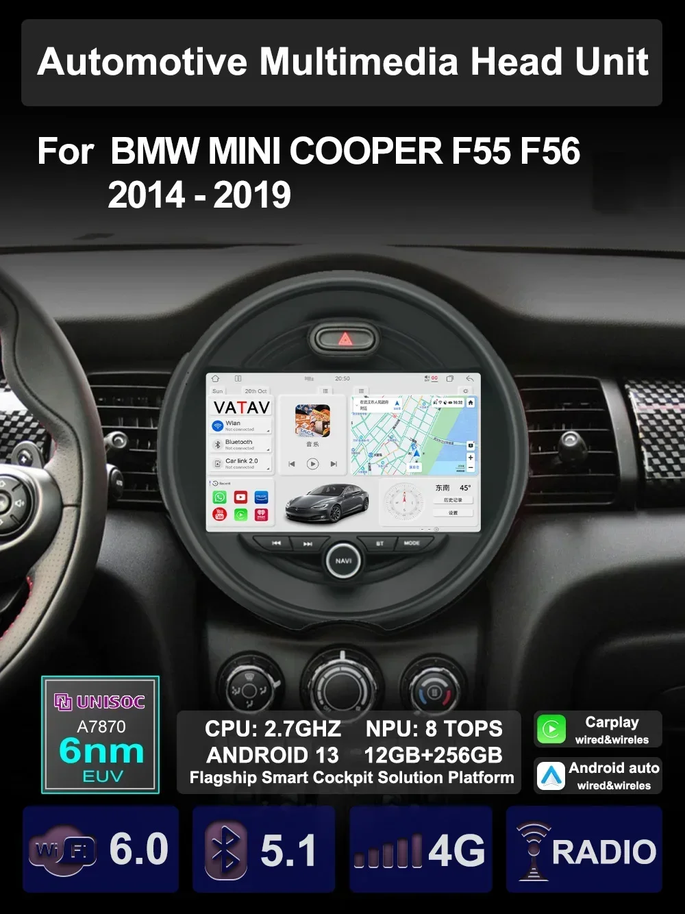 Para MINI ONE COOPER S F55 F56 2014-2019 Multimedia para coche Carplay Android Auto GPS navegación Radio estéreo reproductor de vídeo unidad principal 1