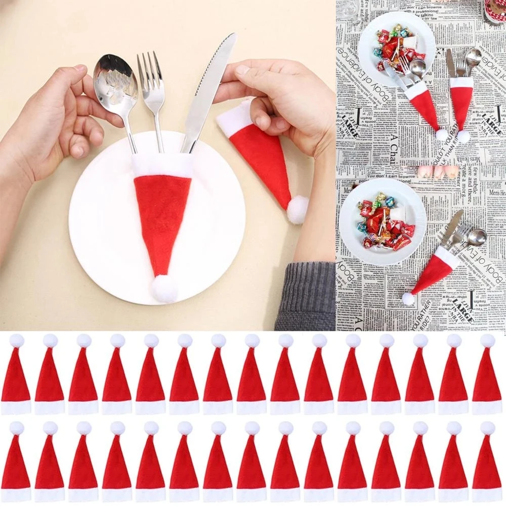 10/5pcs Xmas hat Decorations Kitchen Fork Knife Cutlery Storage Holder Bag Pocket Spoon Bags Dinner Table Decor Ornament navidad