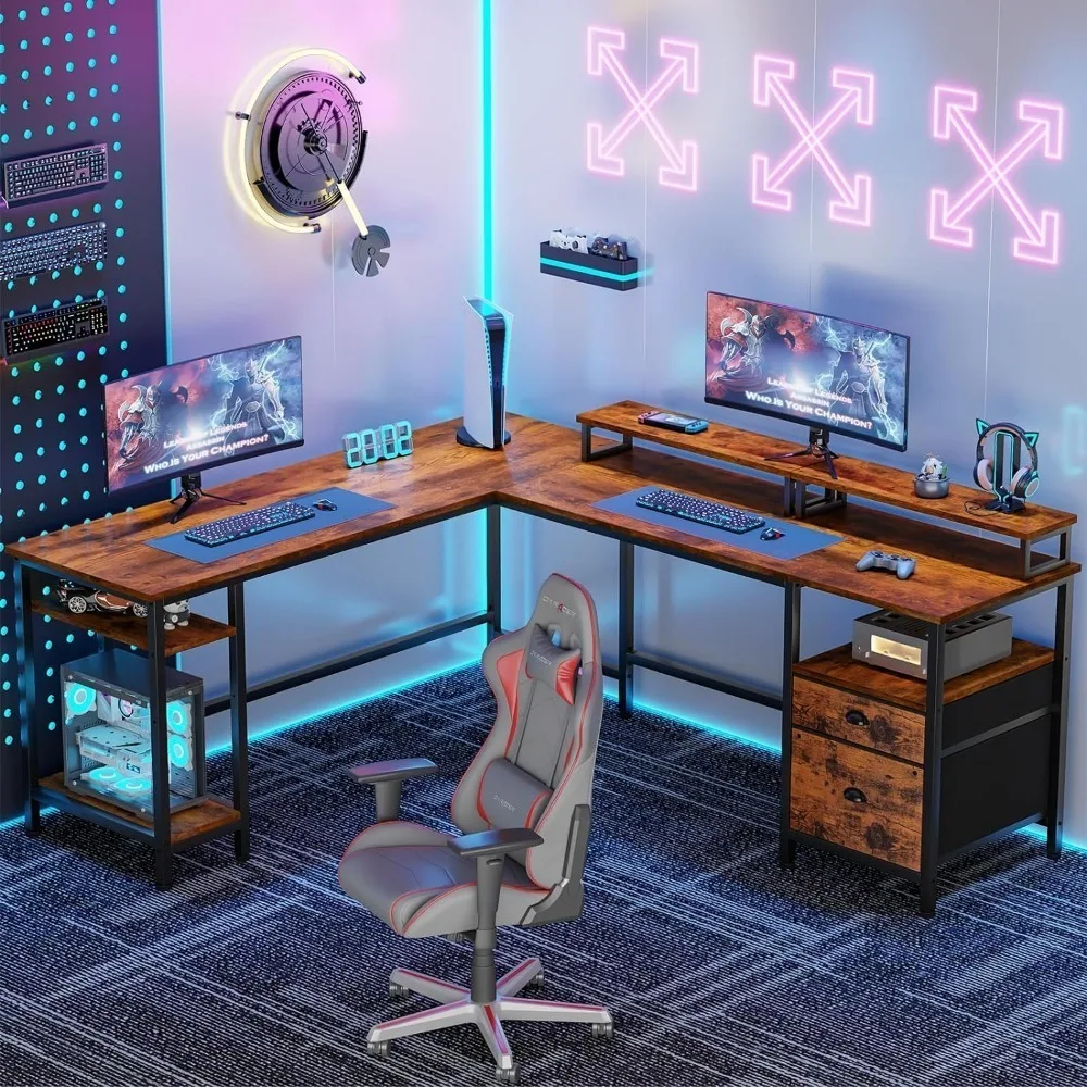 

66 "L-shaped computer desk with shelves, foldable corner game table, file drawer and dual monitor stand, brown