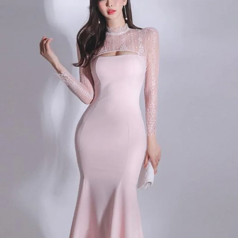 women's-spring-autumn-high-neck-solid-color-lace-spliced-hollow-out-temperament-long-sleeved-slim-fit-mid-length-fishtail-dress