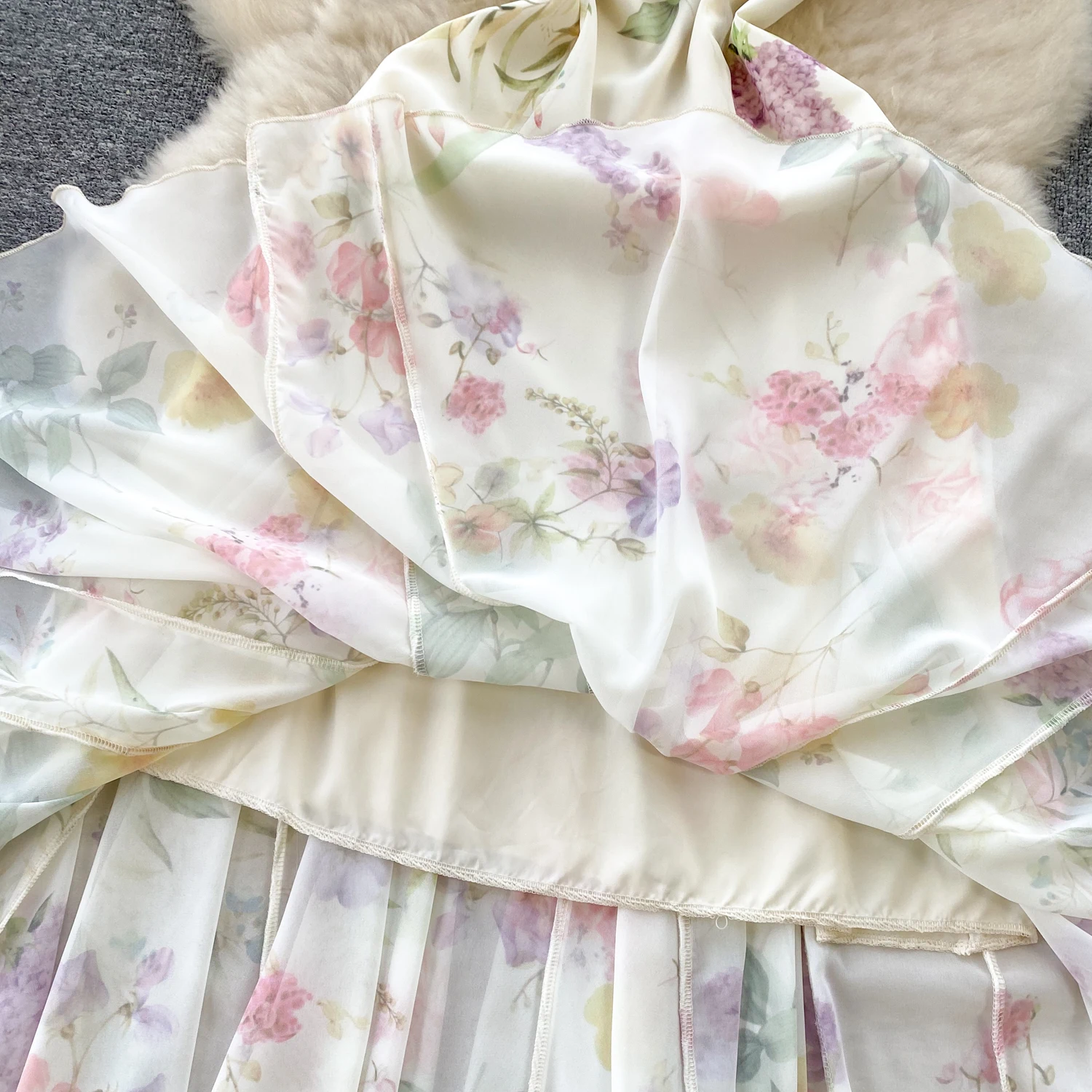 French Elegant Beach Dress New Women Sexy Floral Printed Slim Mid Length Ruffled Party Dresses Ladies Summer Long Robe