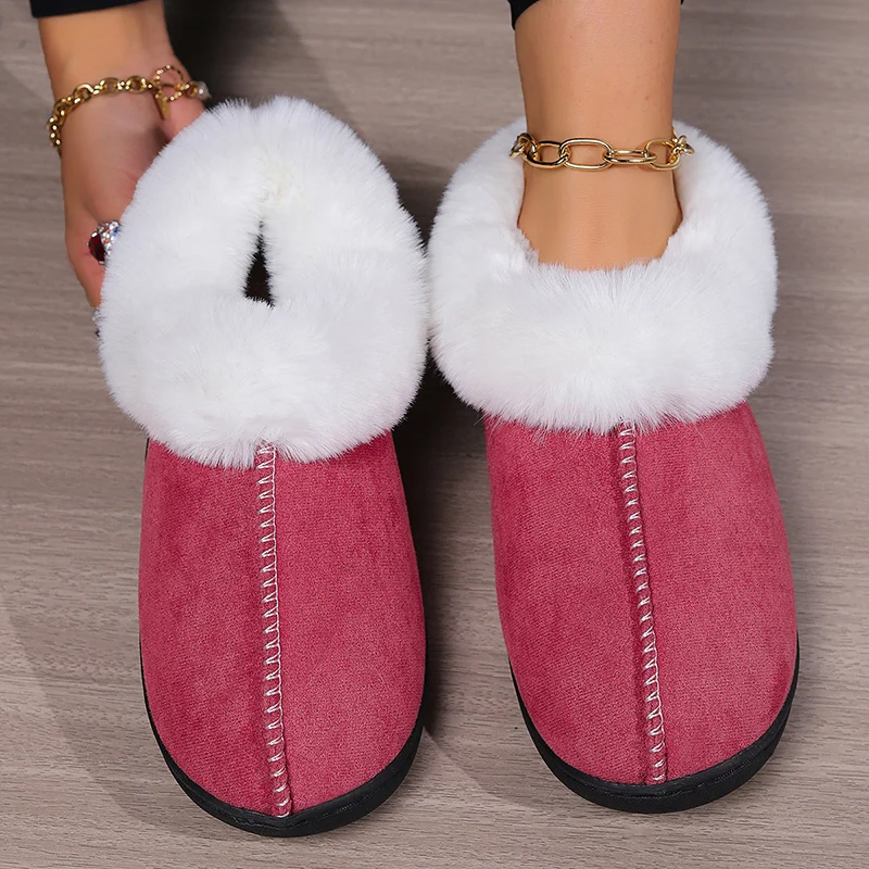 2024 Winter Warm Fur Indoor Home Slippers Women Faux Suede Closed Toe Couple Slippers Woman Comfort Soft Sole House Shoes Slides 5