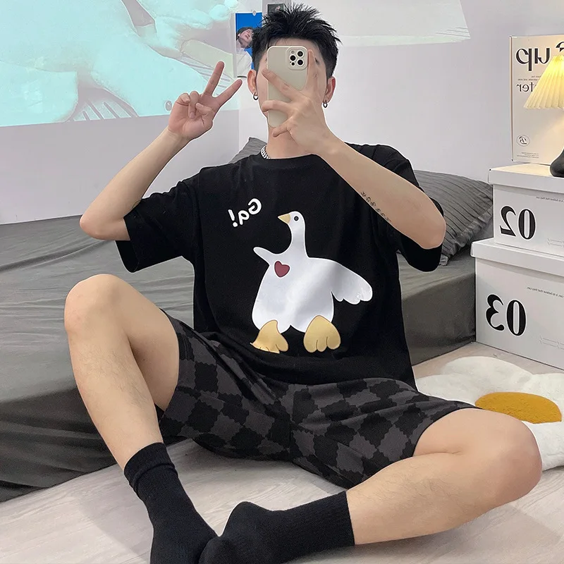 Men Cotton Pajamas Set Short Sleeve Shorts Plus Home Suit for Boy Casual Pajama Korean Loose Stylish Piaid Summer New