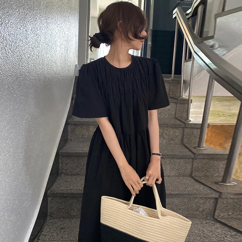 한국 세련된 여름 간단한 우아한 둥근 목 주름 높은 허리 슬리밍 퍼프 슬리브 면화와 린넨 긴 드레스 여성 