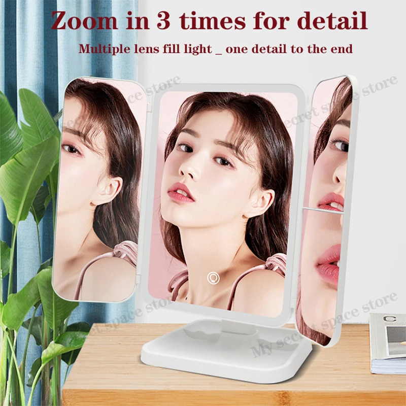 Net red beauty mirror New LED makeup mirror table light three-sided folding touch induction 180 degree rotating magnifying glass double sided led fill light clip on pocket rgb video light