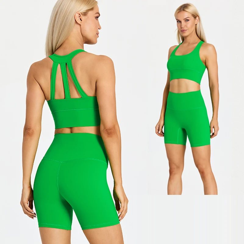 

ABS LOLI Stretchy Spandex Gym Sets Womens Sports Outfits 2 Piece Strappy Crop Tank Top High Waist Shorts Workout Yoga Clothes
