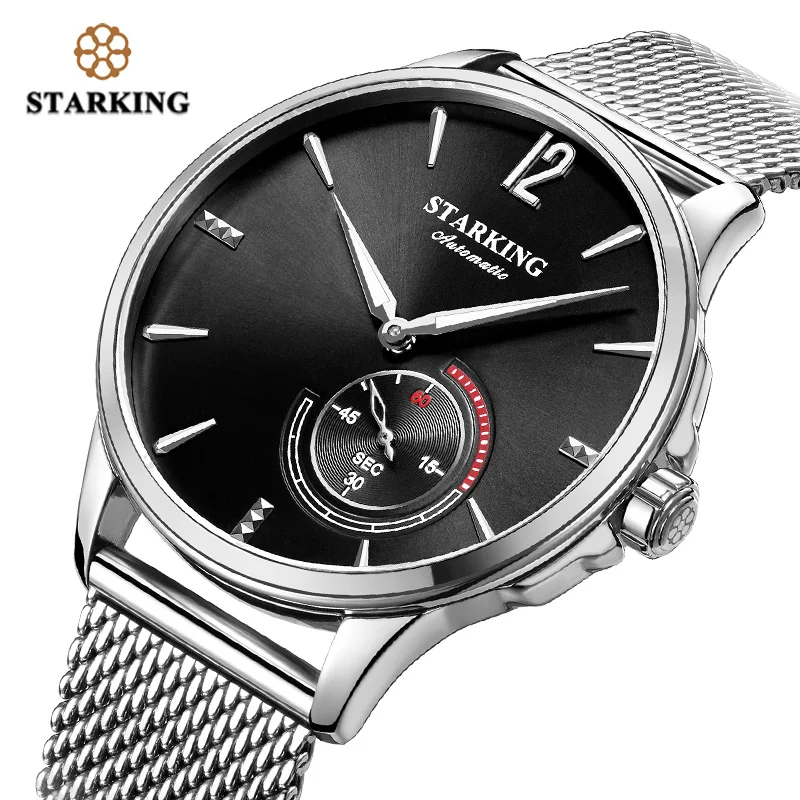 STARKING Stainless Steel Mechanical Watch Black Men Automatic Classic Mesh Band Male Wrist Watch 5Bar Water Resistant AM0273 trendy men s watches luxury automatic mechanical watch men square stainless steel mesh weaving hollow out sport wristwatch man