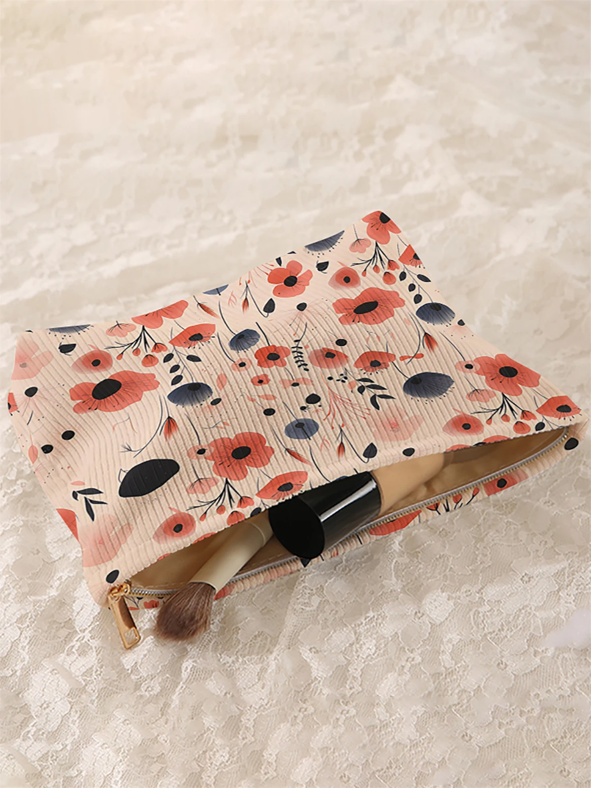 1 floral patterned corduroy makeup bag, lightweight zipper makeup storage box, multifunctional bag with lining