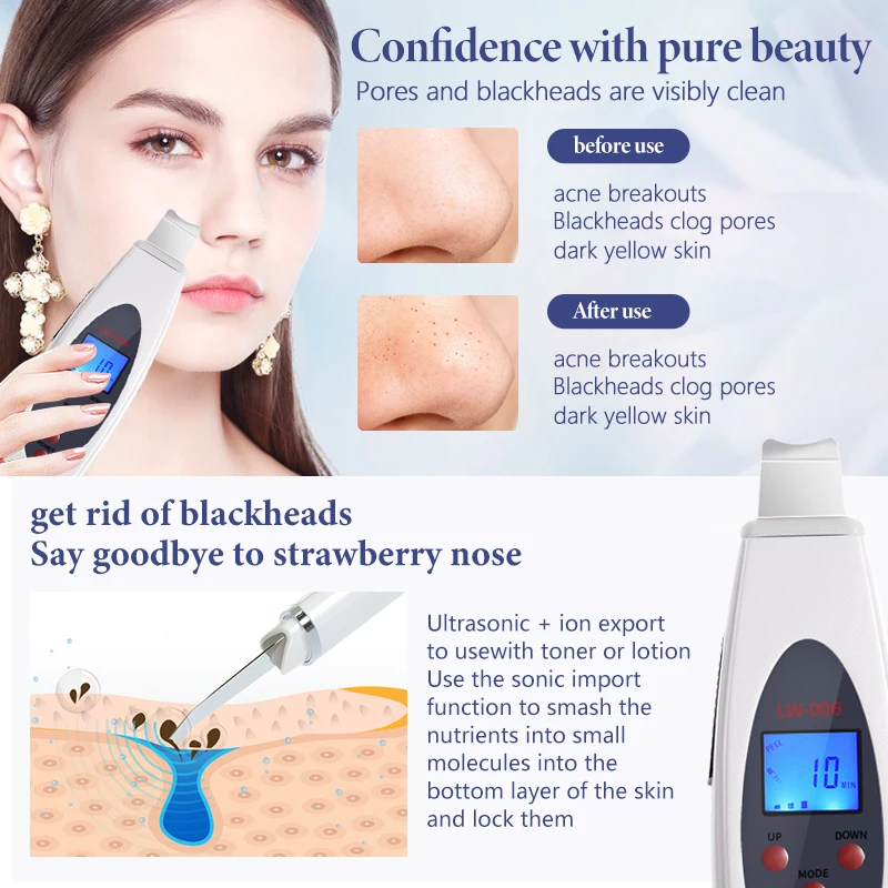 Ultrasonic Facial Scrubber Deep Face Cleaning Machine Remove Facial Massager