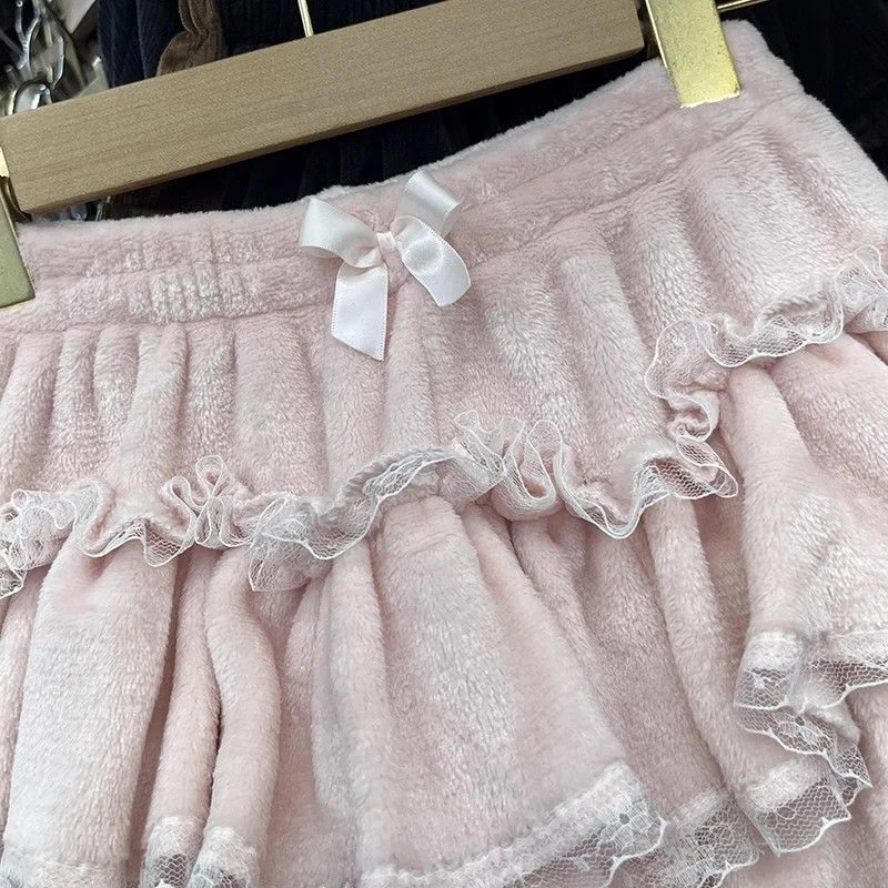 Pink Kawaii Women Dance Skirts Japanese Sweet Lolita Lace Splicing Female Puffy Skirts Y2K High Waist Ruffle Ladies Mini Skirts 5