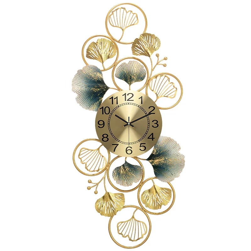 

Chinese Luxury Wrought Iron Ginkgo Leaf Wall Clock Home Livingroom Wall Hanging Decoration Porch Background Wall Sticker Crafts