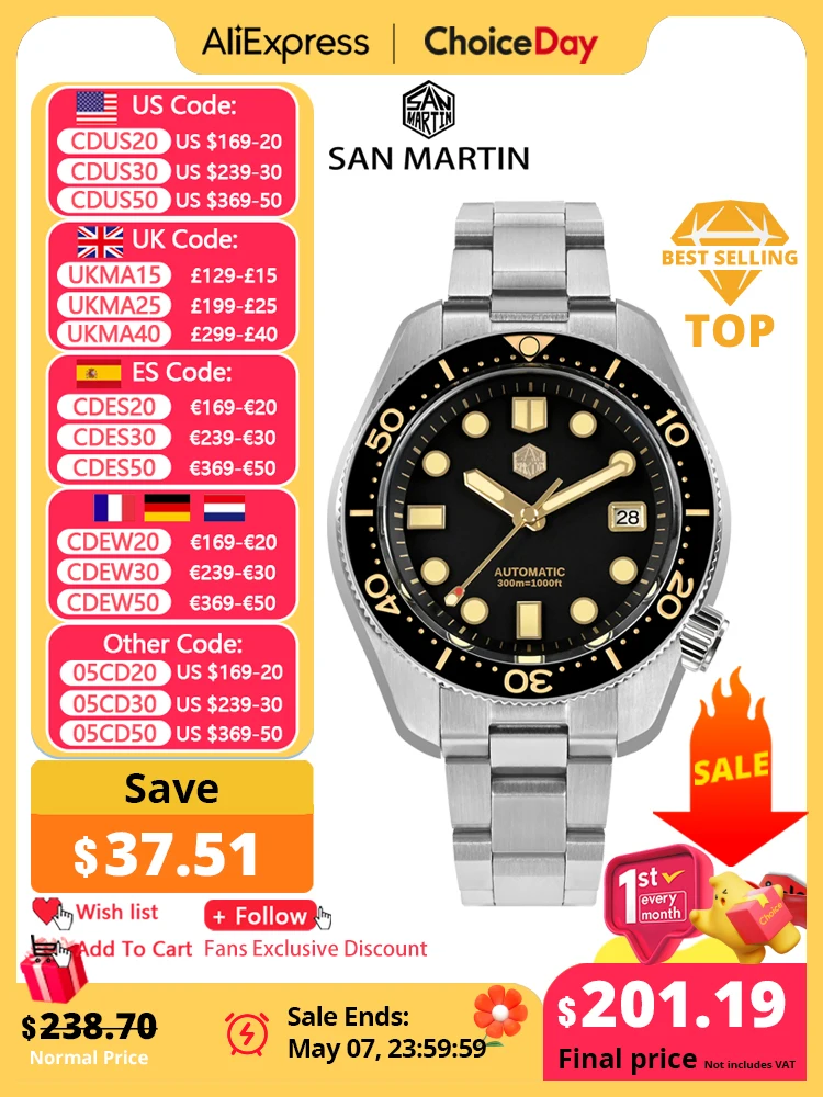 

San Martin 2023 New 44mm Vintage MM300 Men Diving Watch NH35 Gilt Dial Automatic Mechanical Sapphire Waterproof 300M C3 Reloj