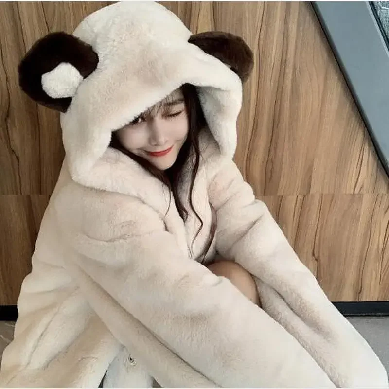 Fur Jacket Women Bear Ear Plush Jacket 2024 Winter New Korean Fashion Cute Preppy Style Oversized Hooded Loose Kawaii Fluffy