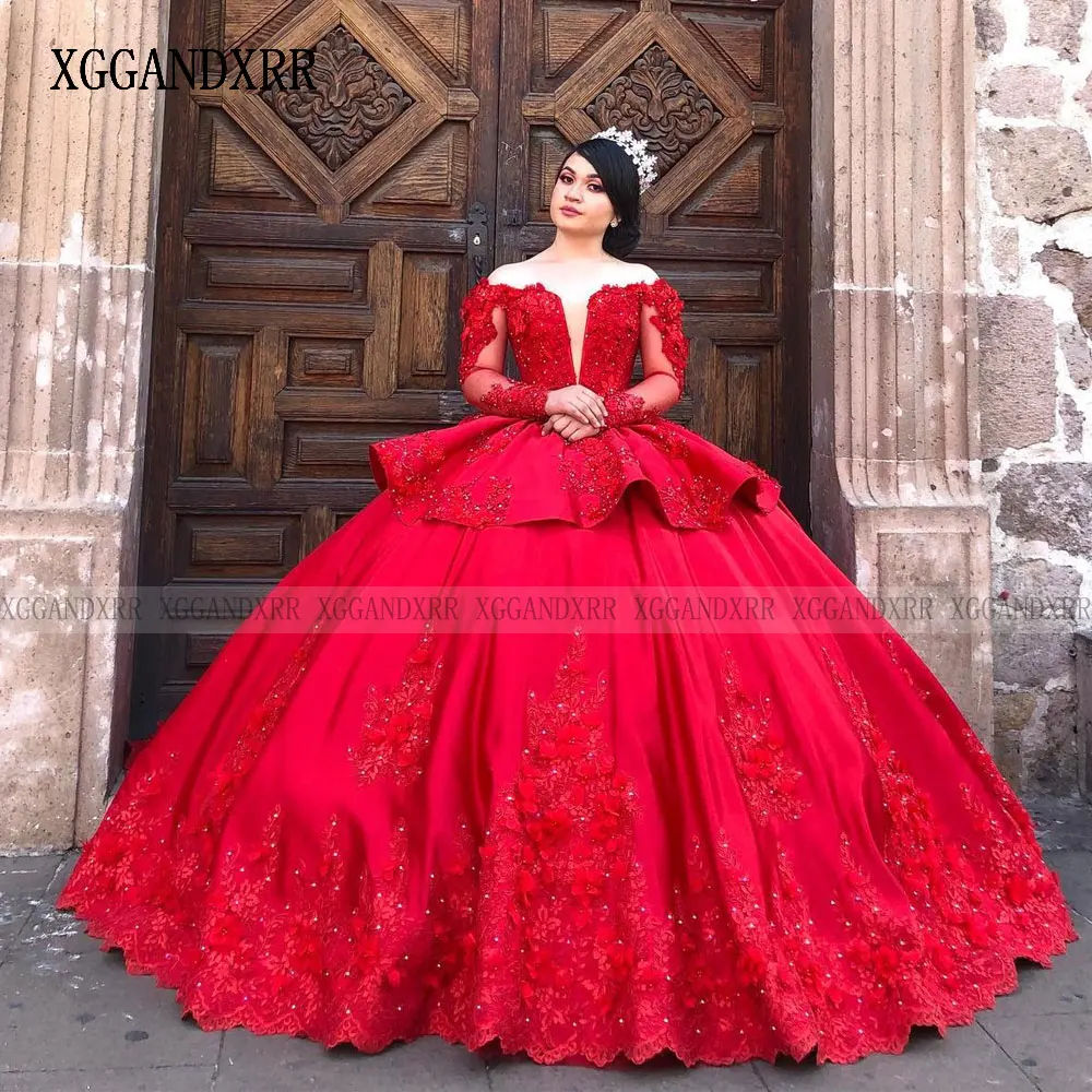 Vestido Rojo De lujo para quinceañera, manga larga, 15 Años