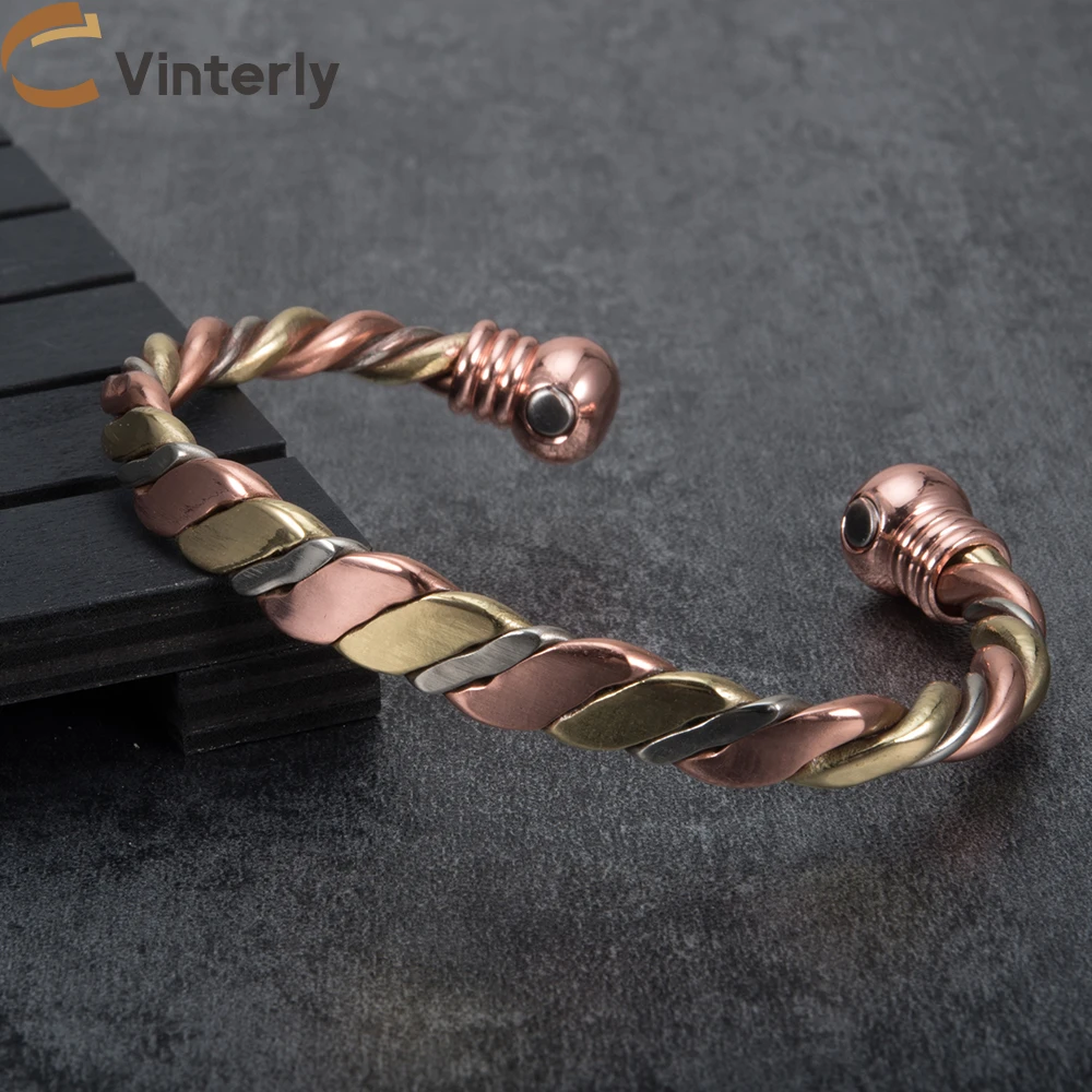 pulsera magnética con bola de cobre para mujer, brazalete abierto de oro rosa, pulseras ajustables, regalos, brazaletes de cobre trenzados|Brazaletes| - AliExpress