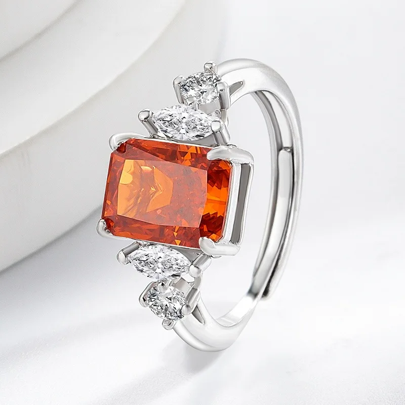 Elegant 925 Sterling Silver Zircon Square Ring, Adjustable Open Band, Luxury Fine Jewelry for Women, Perfect Party Gift
