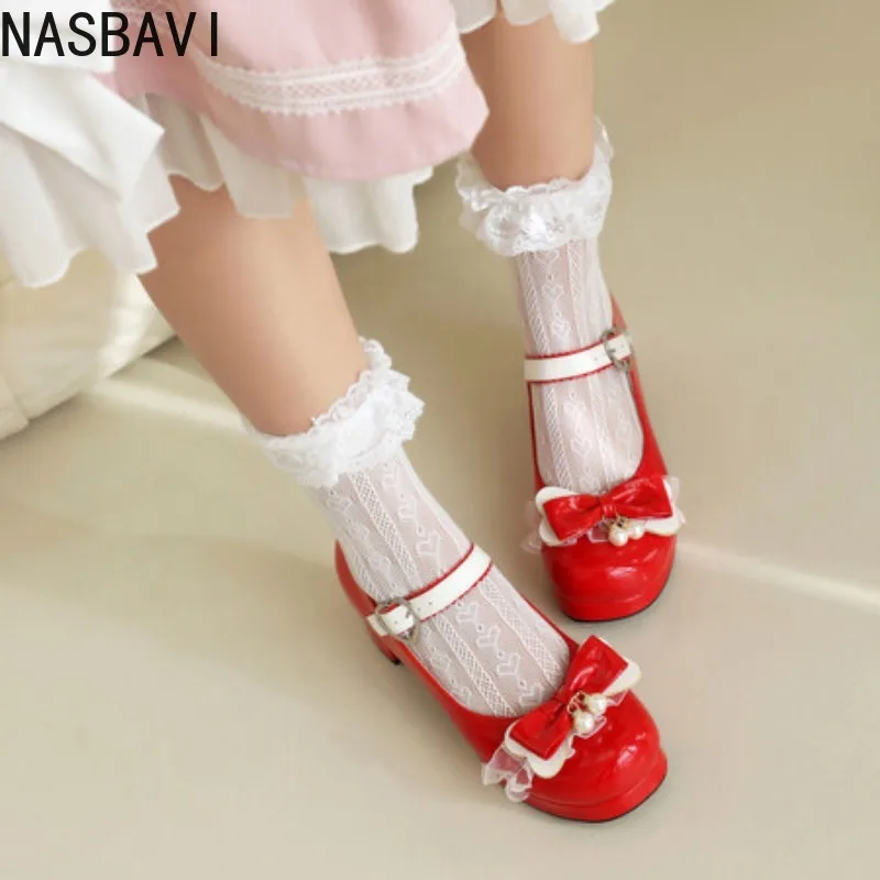 NASBAVI 스위트 하이힐 여성용 펌프 로리타 신발 스프링 스트랩 화이트 레드 힐 웨딩 댄스 파티 신발 소녀 빅 사이즈 45