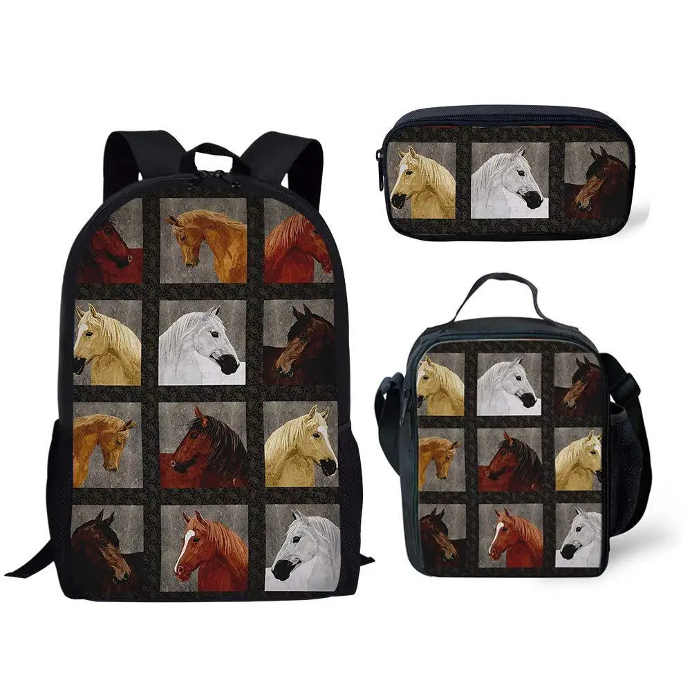 3D Printed Horses Backpack Lunch Bag Pencil Case 3pcs/set Primary Middle School Students Boys Girls Schoolbag Travel Backpack