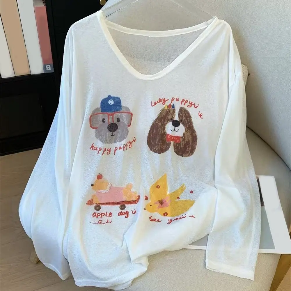 Thin Dog Print Graphic T-shirt Cartoon Sunscreen Cartoon Animal Long Sleeved Top Harajuku Ins Round Neck Oversized T-shirt