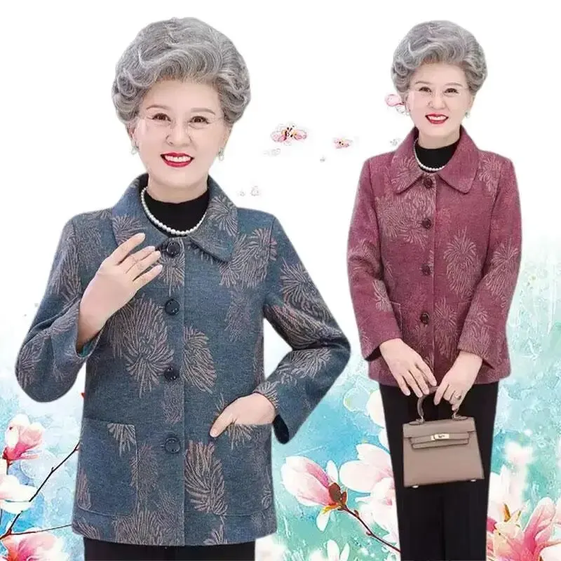 여성 모직 재킷, 기모 상의, 엄마 라펠 가디건, 할머니 옷, 중년 노인, 가을 컬렉션
