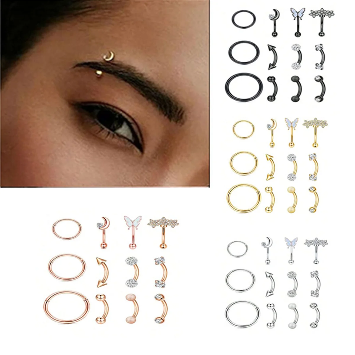 

12pcs Rook Eyebrow Cartilage Earrings Rings Set, Curved Barbells Belly Lip Rings,Daith Tragus Helix Conch Piercing Jewelry