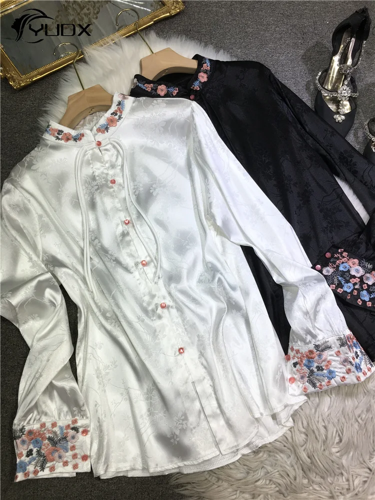 

YUDX Chinese Styles Embroidery Stand Collar Women Blouses Silky Frog Printed Long Sleeve Shirts Loose Spring Summer Casual Top