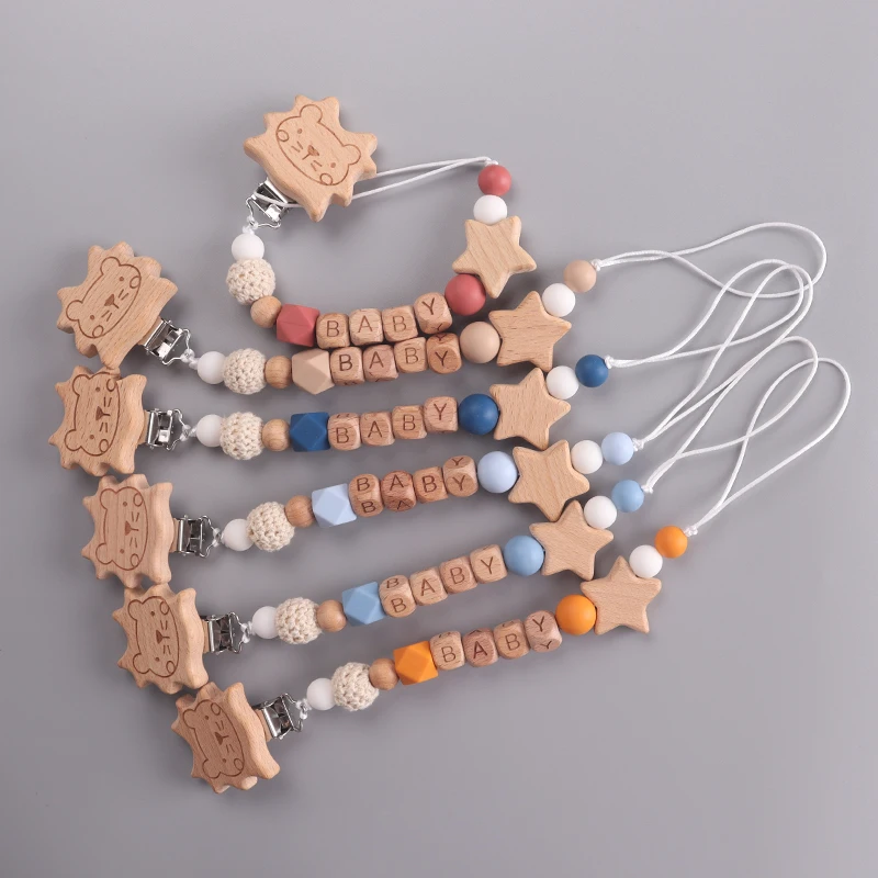 Wooden Baby Pacifier Clip, Cute Lion & Star Design, Anti - Drop Soother Holder, Natural Wood & Silicone Beads, Infant Essentials