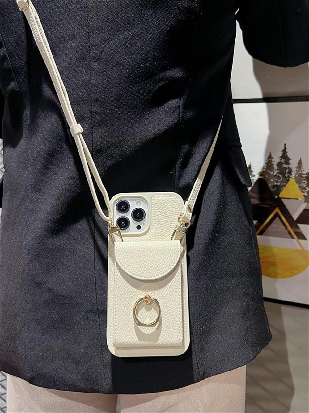 iPhone, bolsa de cartão, alça transversal, anel