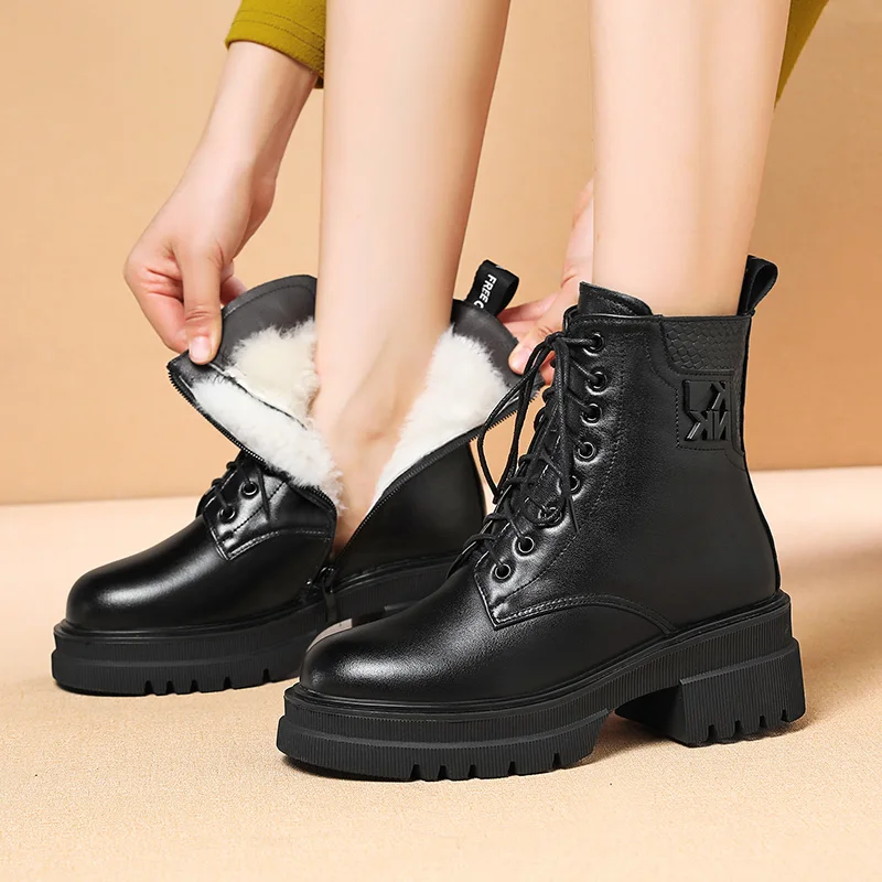 

FENXINA New Fashion Genuine Leather Boots Women Shoes Lace Up Platform Ankle Boots Black Warm Wool Winter Boots Ladies Shoes