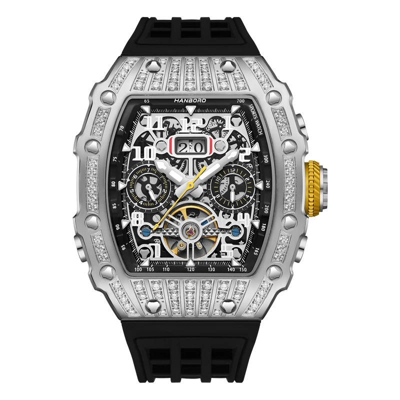 HANBORO Men Automatic Watch Luxury Mechanical Wristwatch Luminous Barrel Case 50M Waterproof Rubber Strap Multifunction Dial