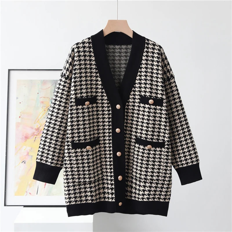 

Women Houndstooth Knit Sweater V-neck Loose Long Sleeve Single Breasted Gold Buttons Coat Female Knitted Cardigan Autumn Winter