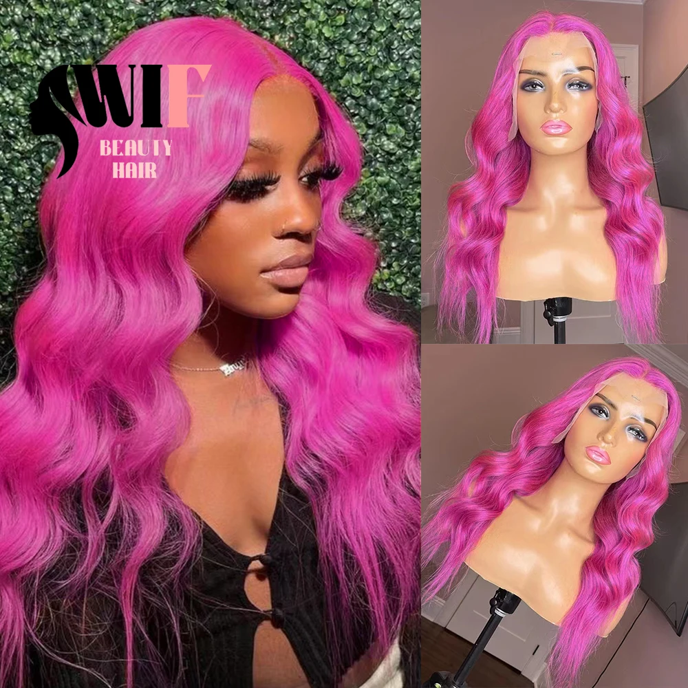 WIF Rose Pink Body Wave Synthetic Wig Natural Hairline Water Wavy Lace Front Wigs Cosplay Party Pink Wavy Hair for Women Use